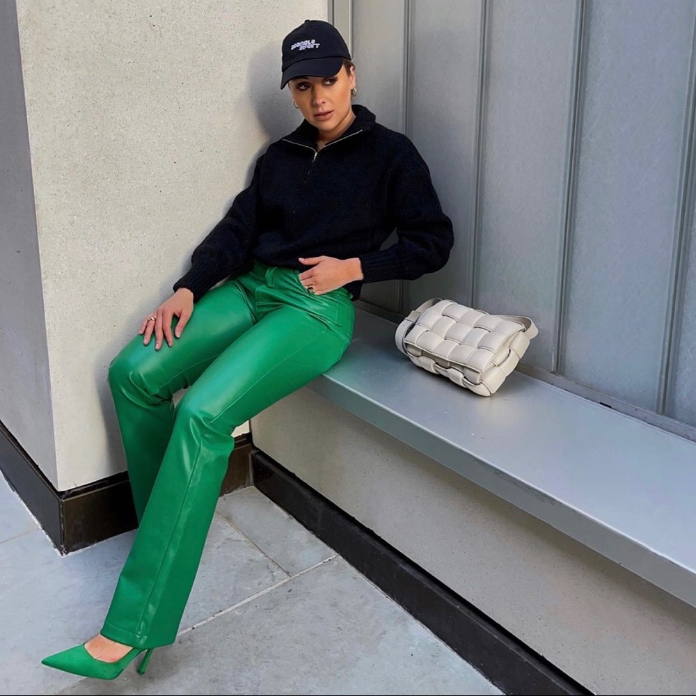 ZARA COLOURED FAUX LEATHER TROUSERS GREEN SIZE-XL - Picture 4 of 16